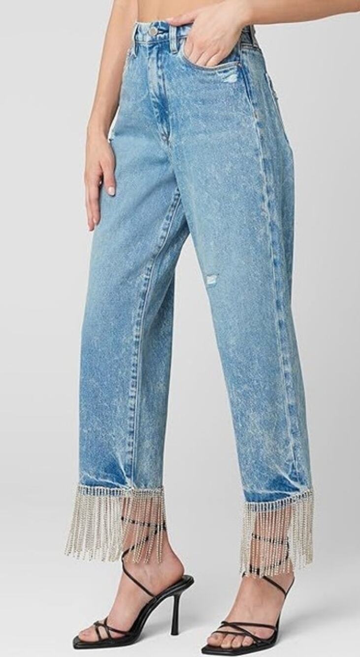 BLANK NYC Women’s Baxter Rhinestone Fringed Ankle Straight Leg Denim Jeans